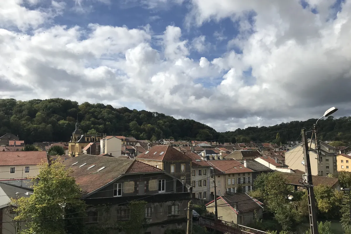 Les toits du centre de Longuyon et les côtes boisées qui l’entourent